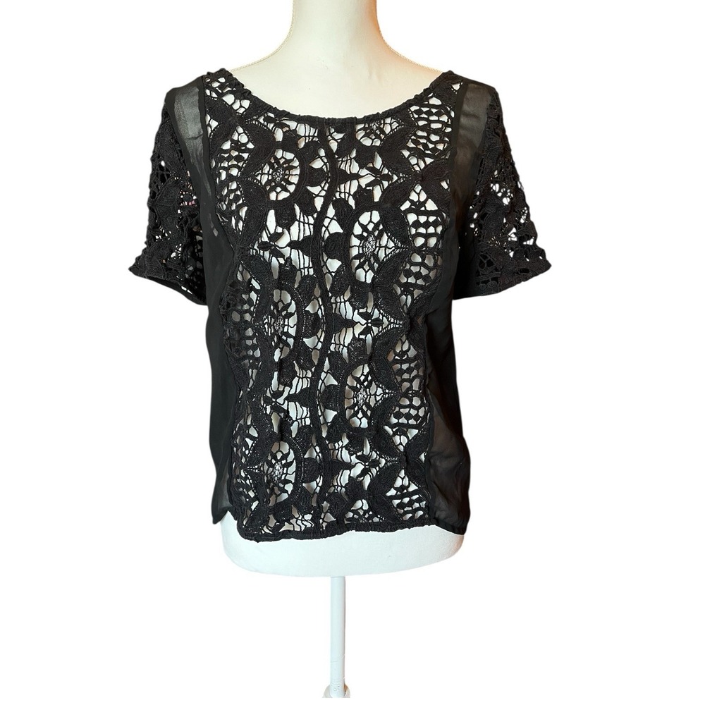 Women's American Eagle Sheer Crochet Black Shirt Blouse Whimsigoth Sz Medium